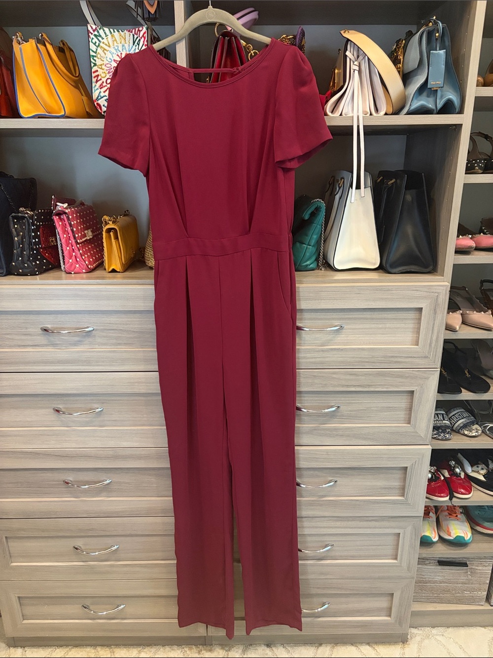ABS Allen Schwartz Burgundy Short-Sleeve Jumpsuit with Pleated Front